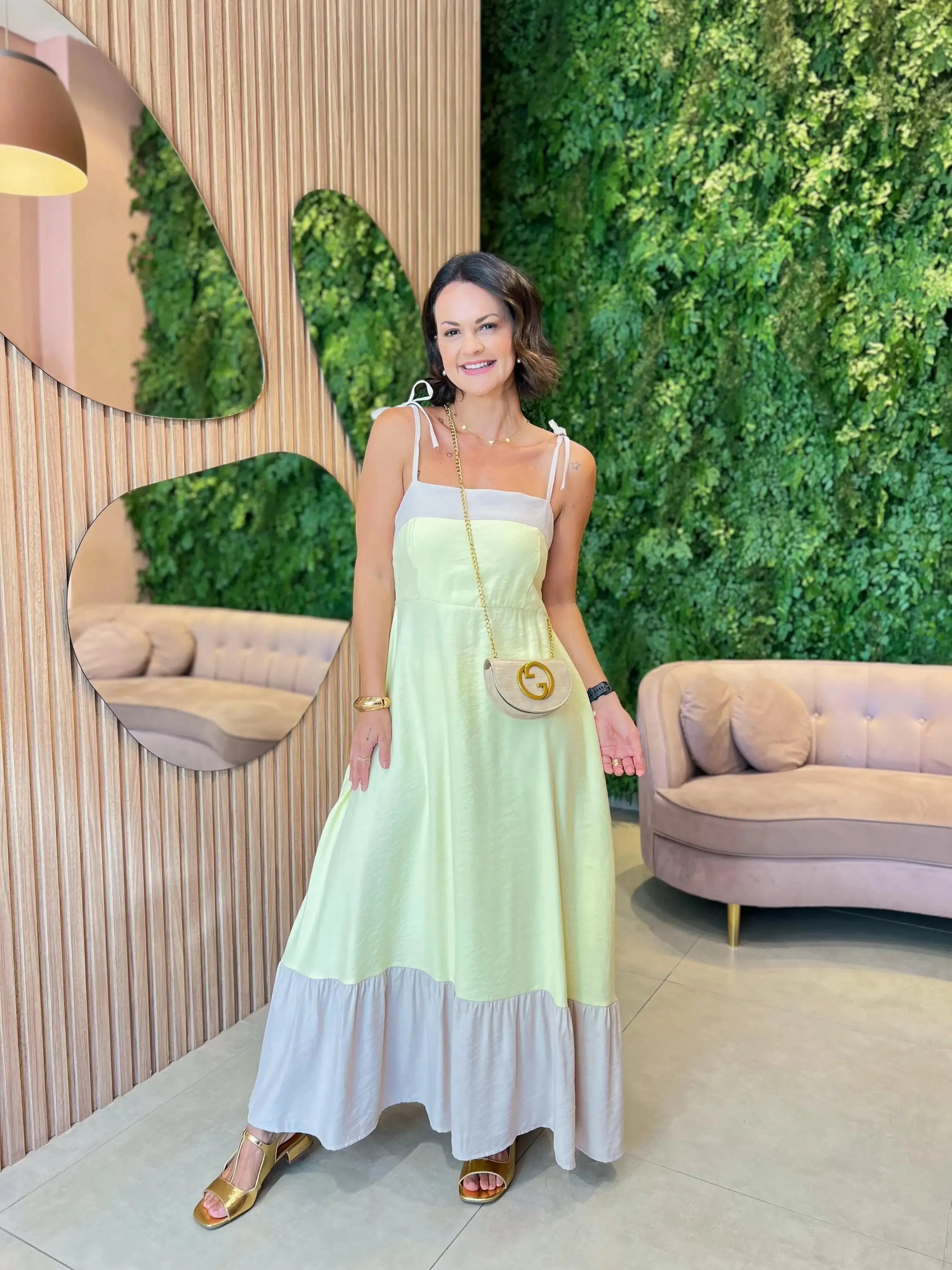 Vestido Alcinha com Amarração, Bicolor Amarelo