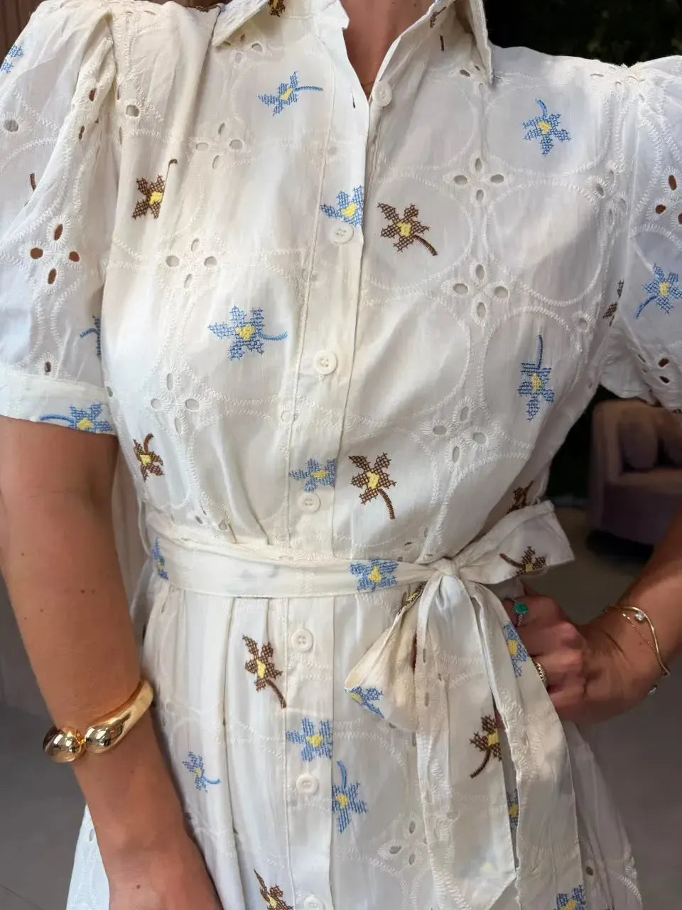 Vestido Bordado em Lese, Off White