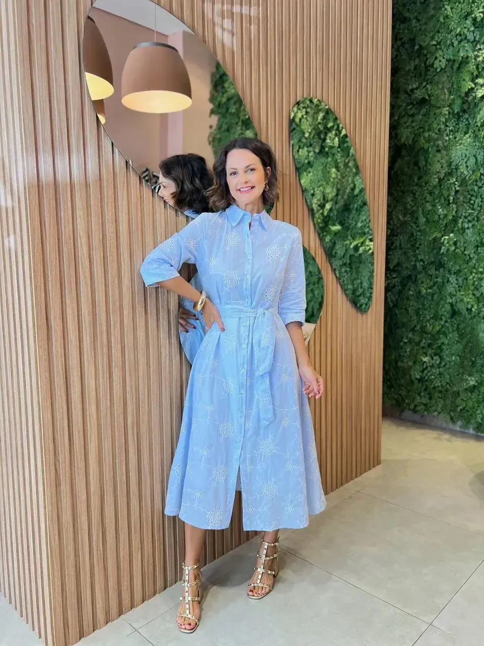 Vestido Chemise listrada bordada, Azul Clara