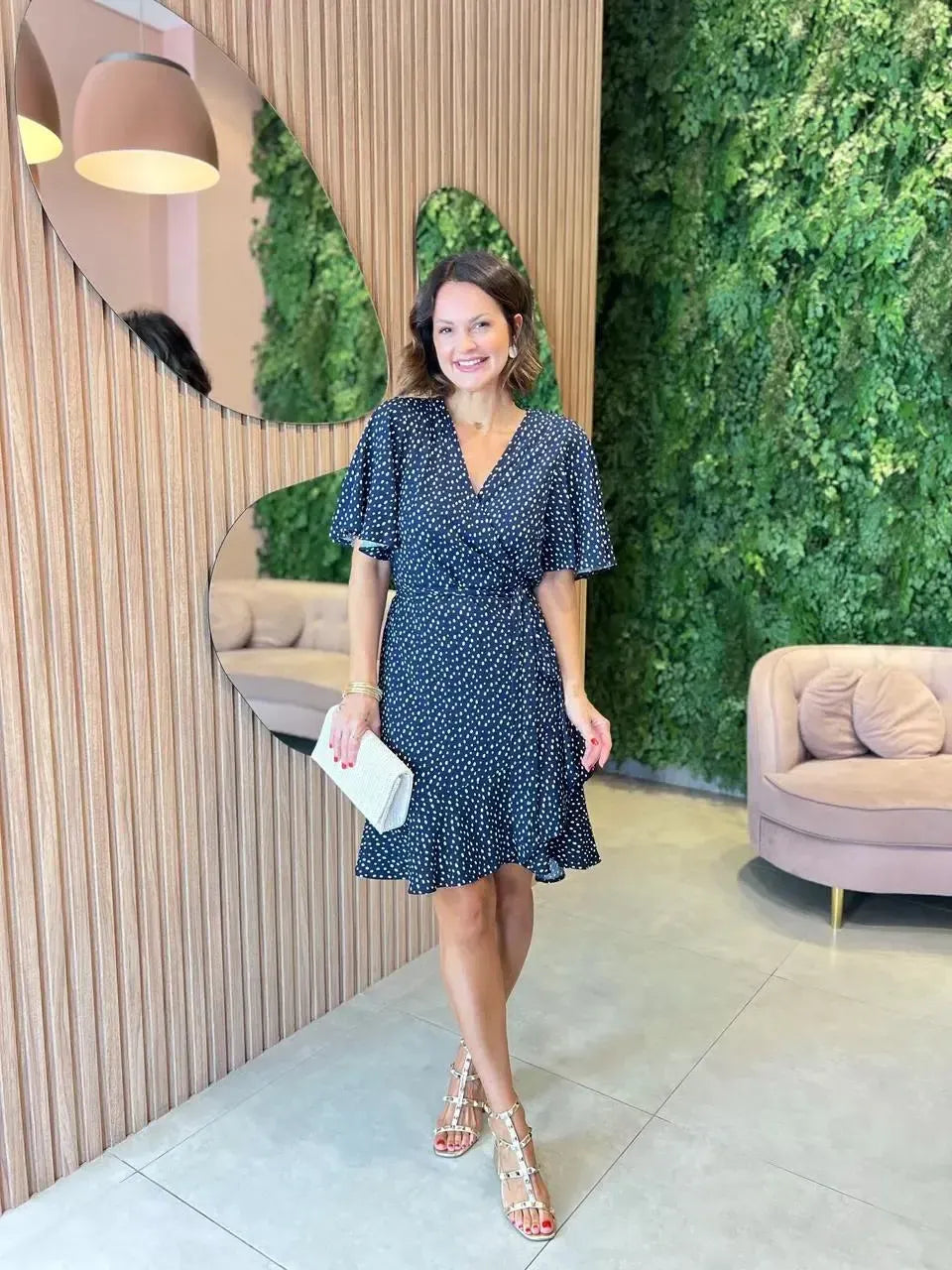 Vestido Curto Transpassado, Azul Marinho Poá