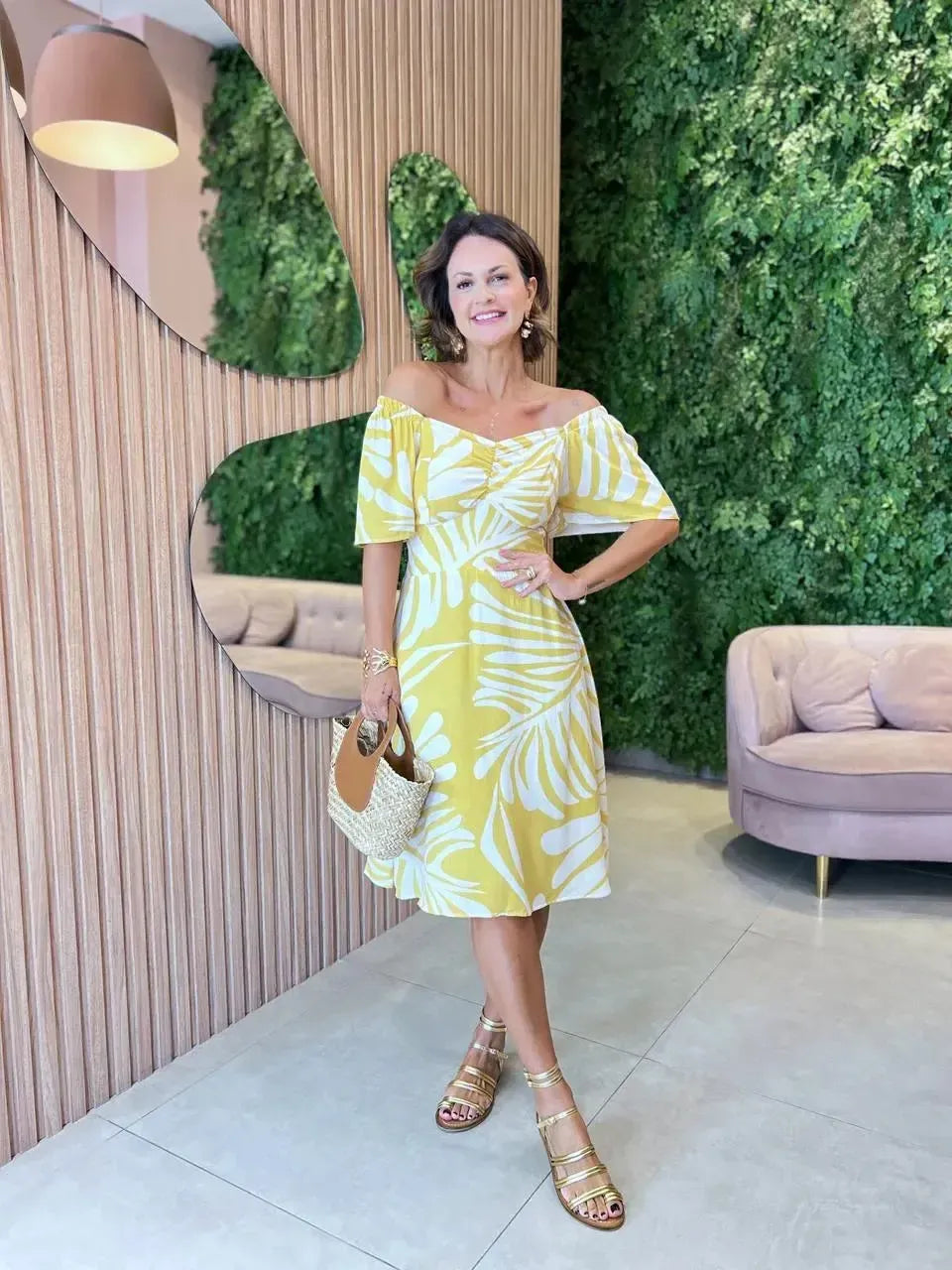 Vestido Curto em Viscolinho Estampado, Amarelo