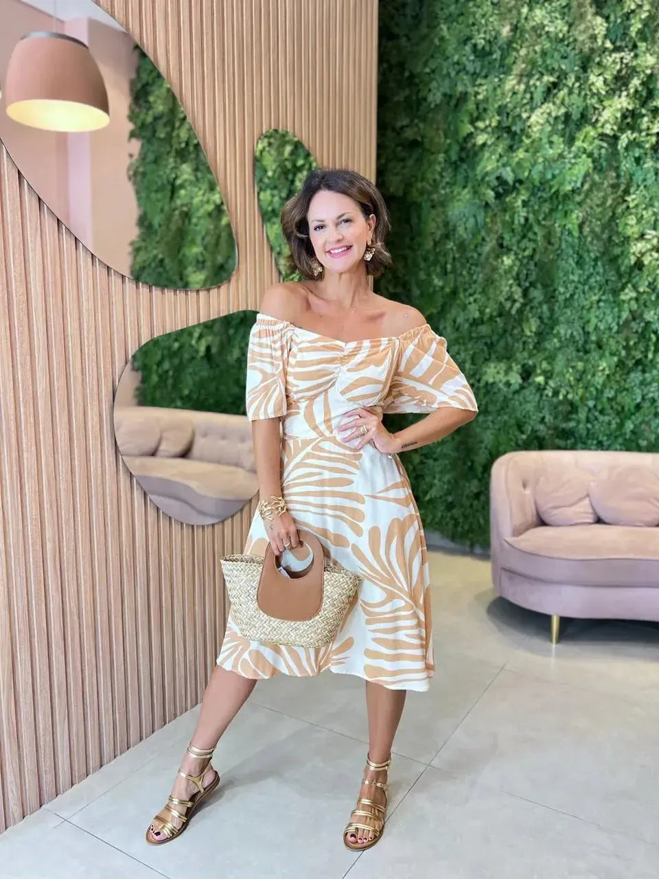 Vestido Curto em Viscolinho Estampado, Laranja