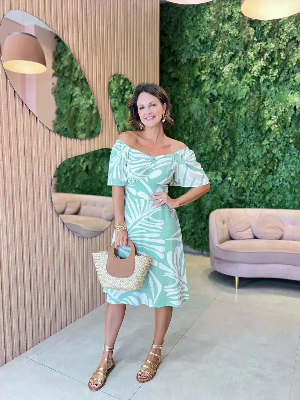 Vestido Curto em Viscolinho Estampado, Verde Água