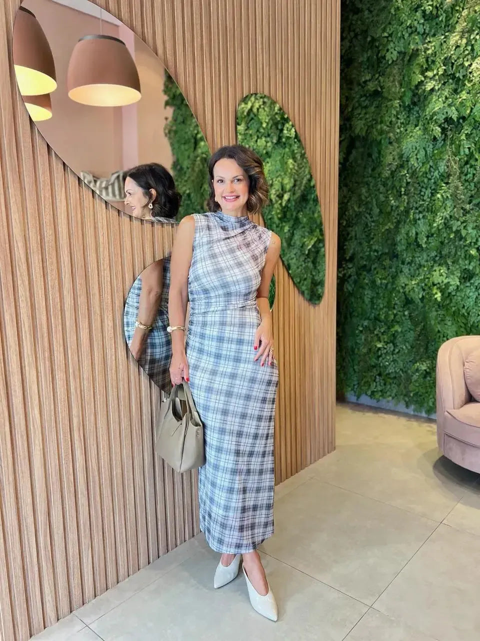 Vestido Didi em Tule Xadrez, Off White com Cinza