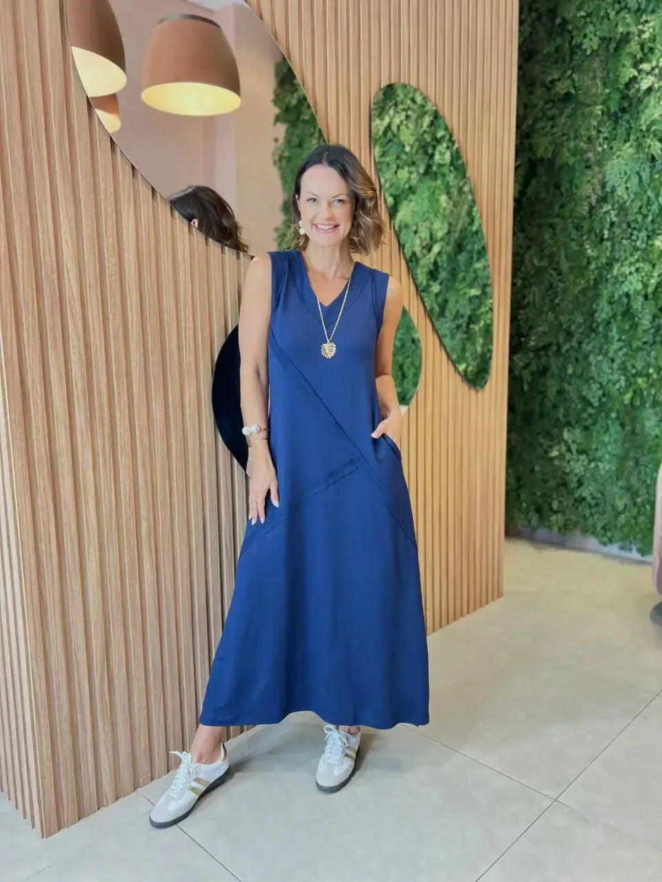 Vestido Em Moletinho Regata Com Recorte, Azul Marinho