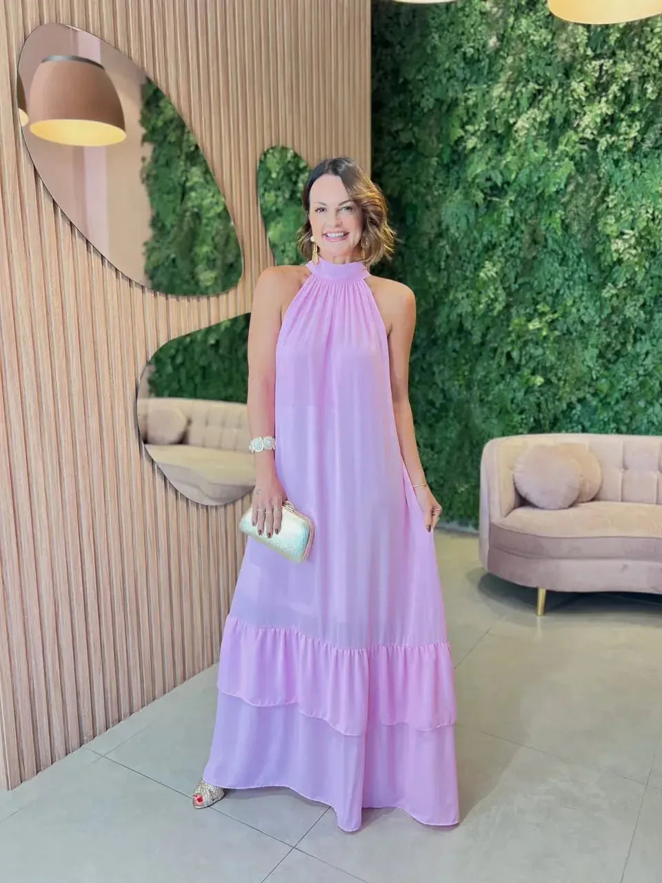 Vestido Gola Alta em Chiffon, Rosa