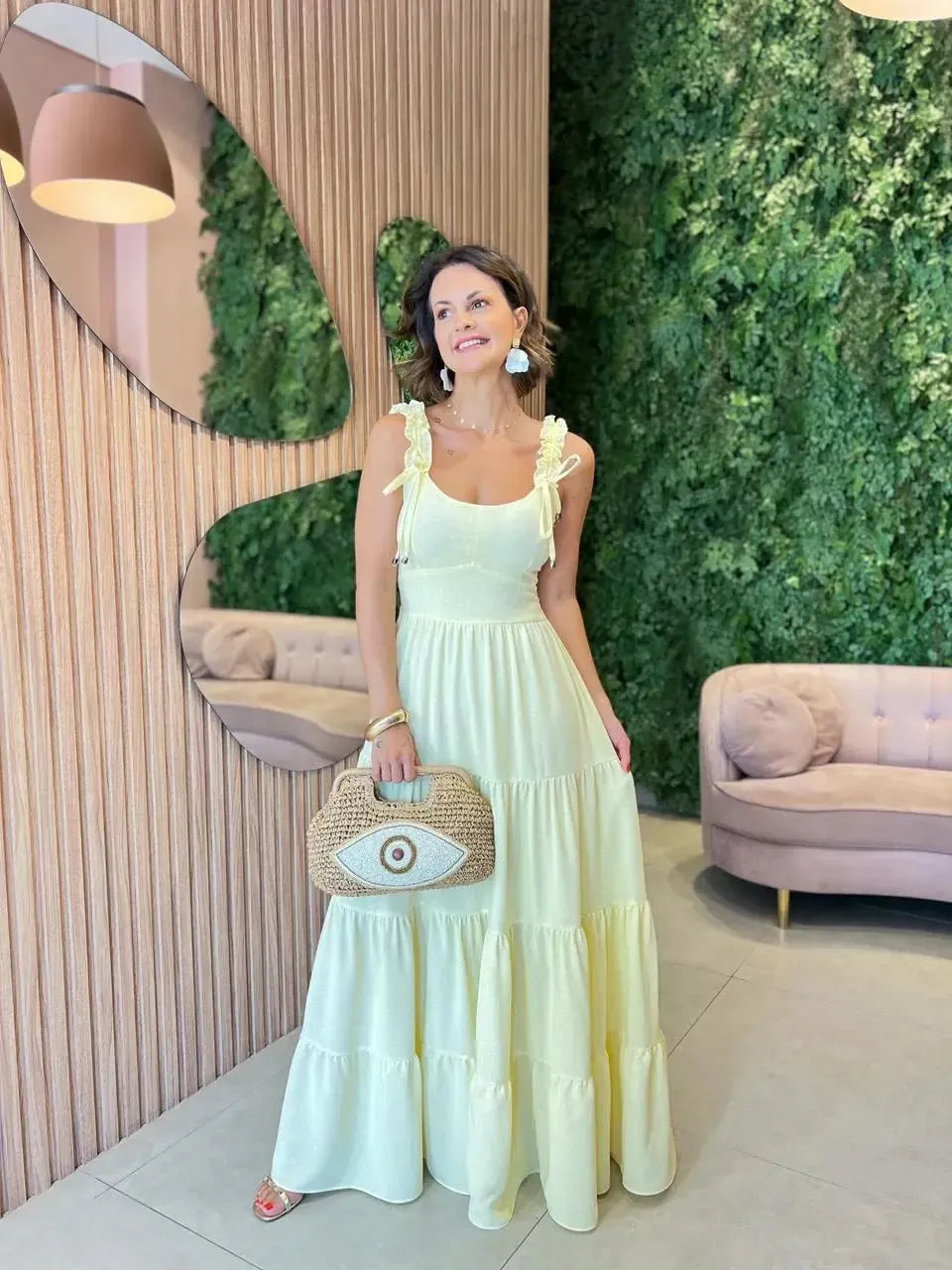Vestido Longo Alça Franzida em Poa, Amarelo