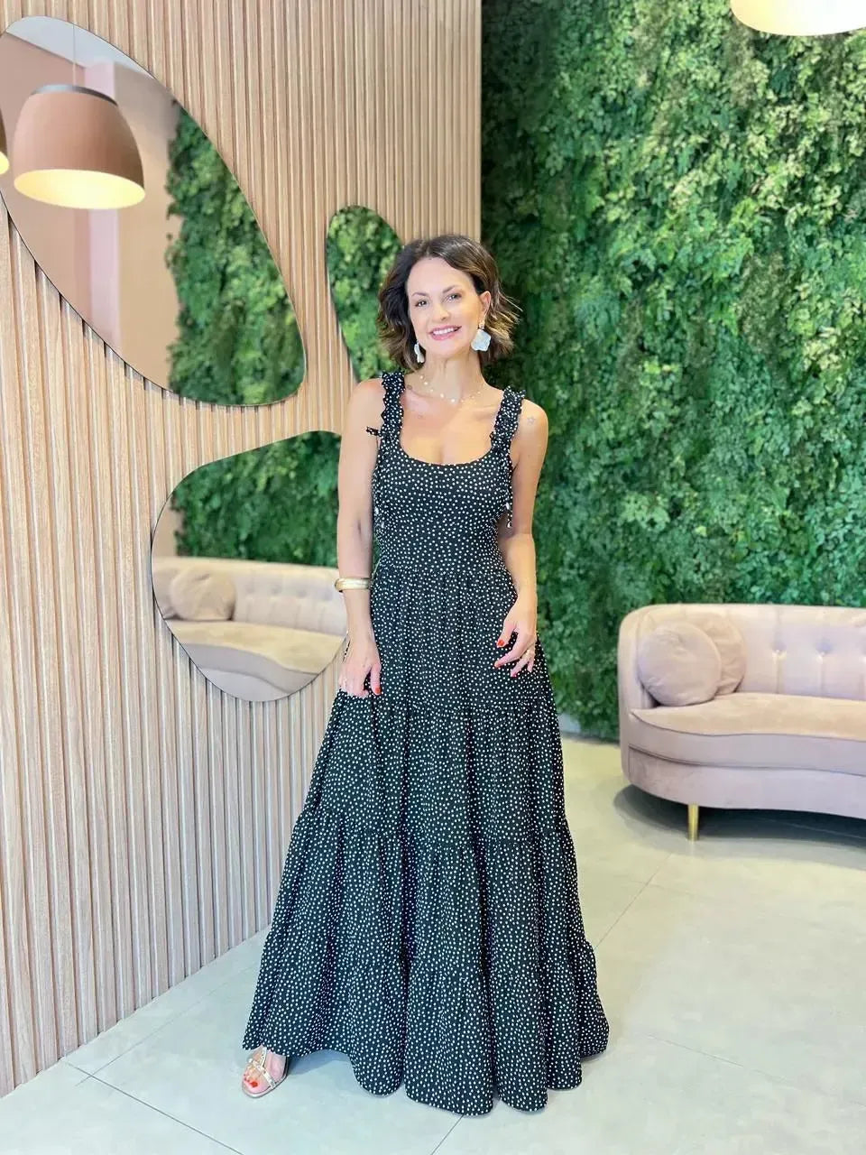 Vestido Longo Alça Franzida em Poa, Preto