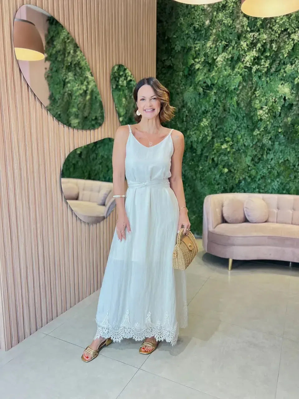 Vestido Longo Em Algodão com Detalhe Renda na Barra, Off White