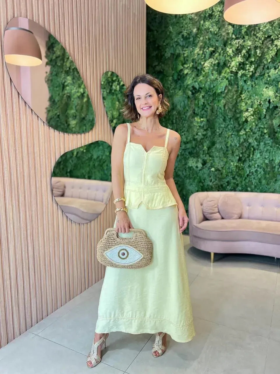 Vestido Longo Pespontado, Amarelo