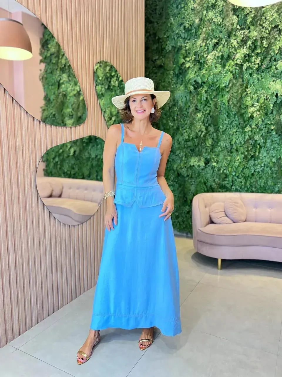 Vestido Longo Pespontado, Azul