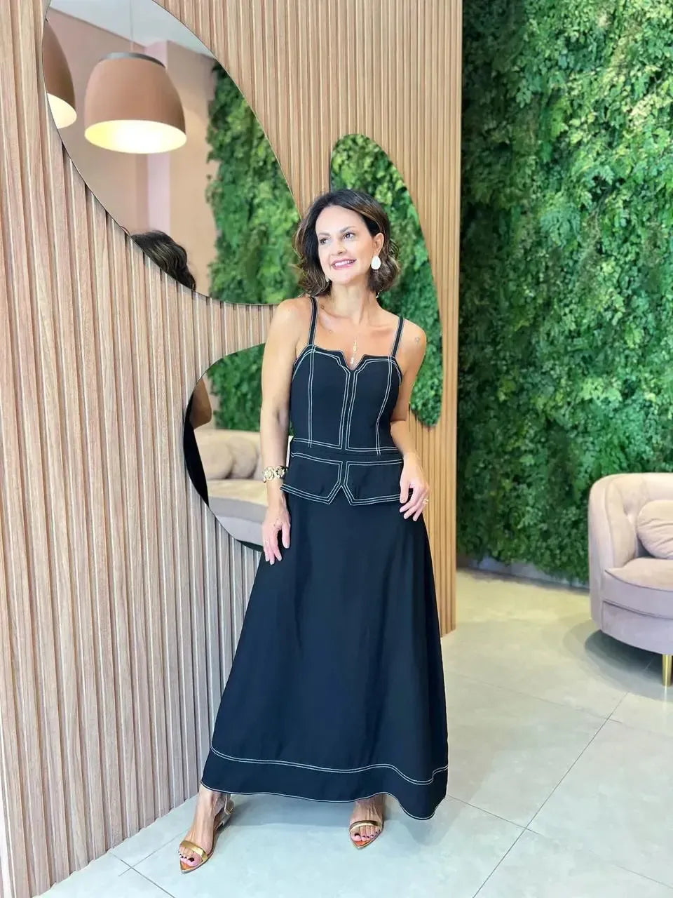 Vestido Longo Pespontado, Preto