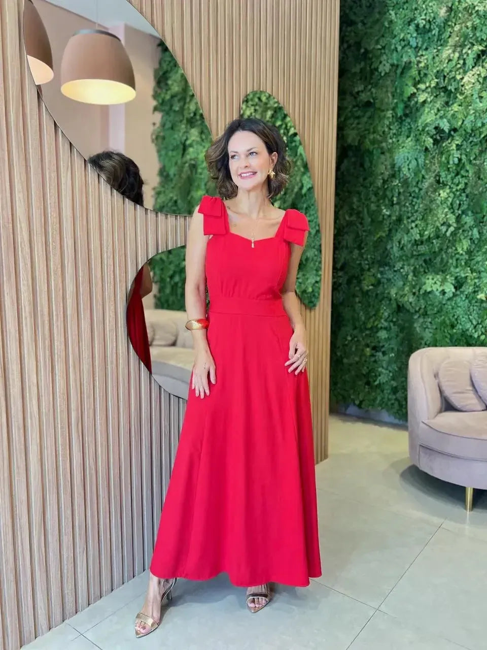 Vestido Longo com Laço na Alça, Vermelho