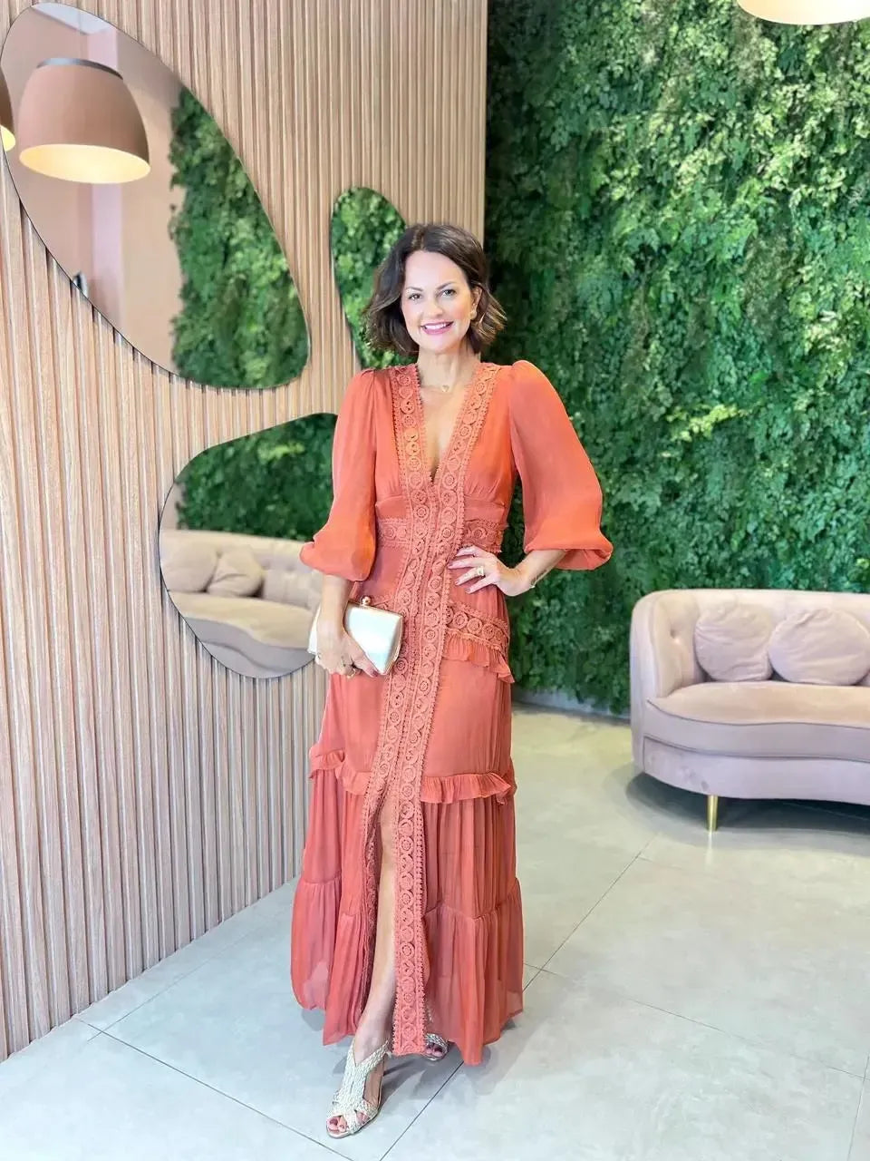 Vestido Longo com detalhe em renda, Terracota