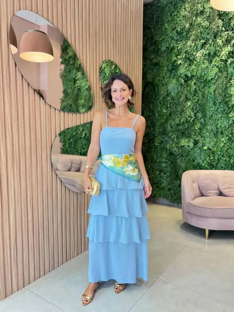 Vestido Longo em Camadas, Azul