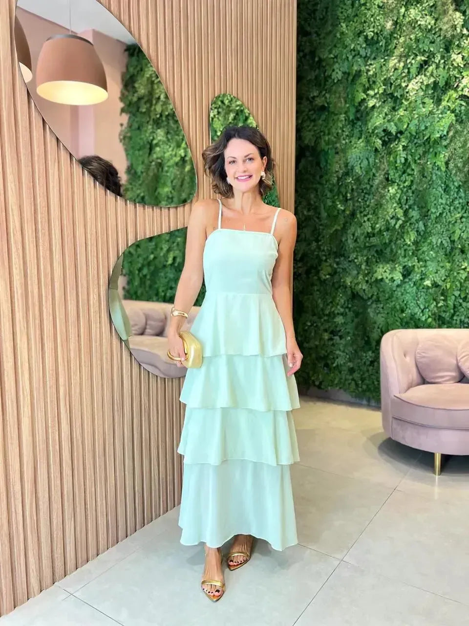 Vestido Longo em Camadas, Verde Água