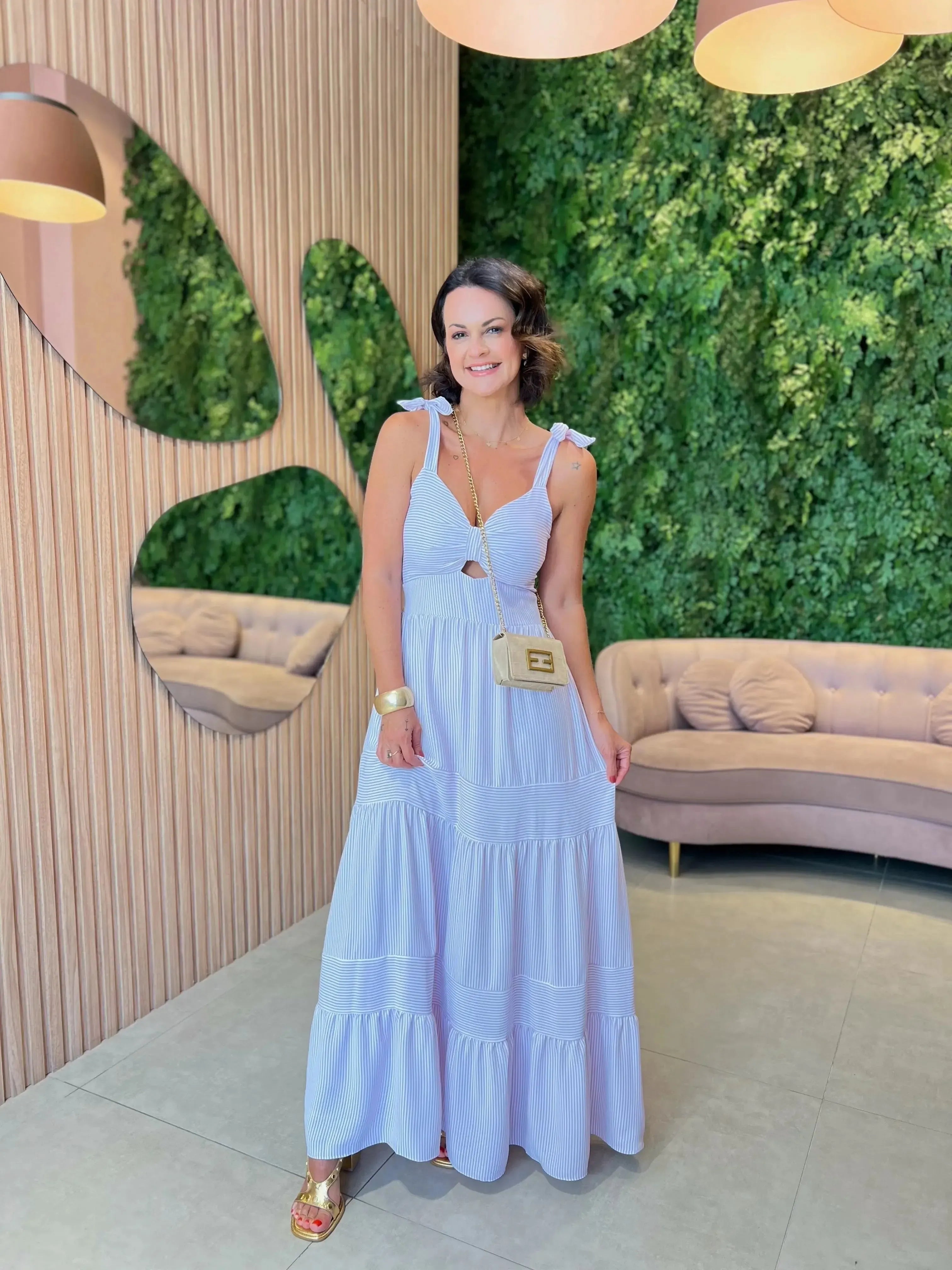 Vestido Longo em Crepe Alcinha, Listrado Lavanda