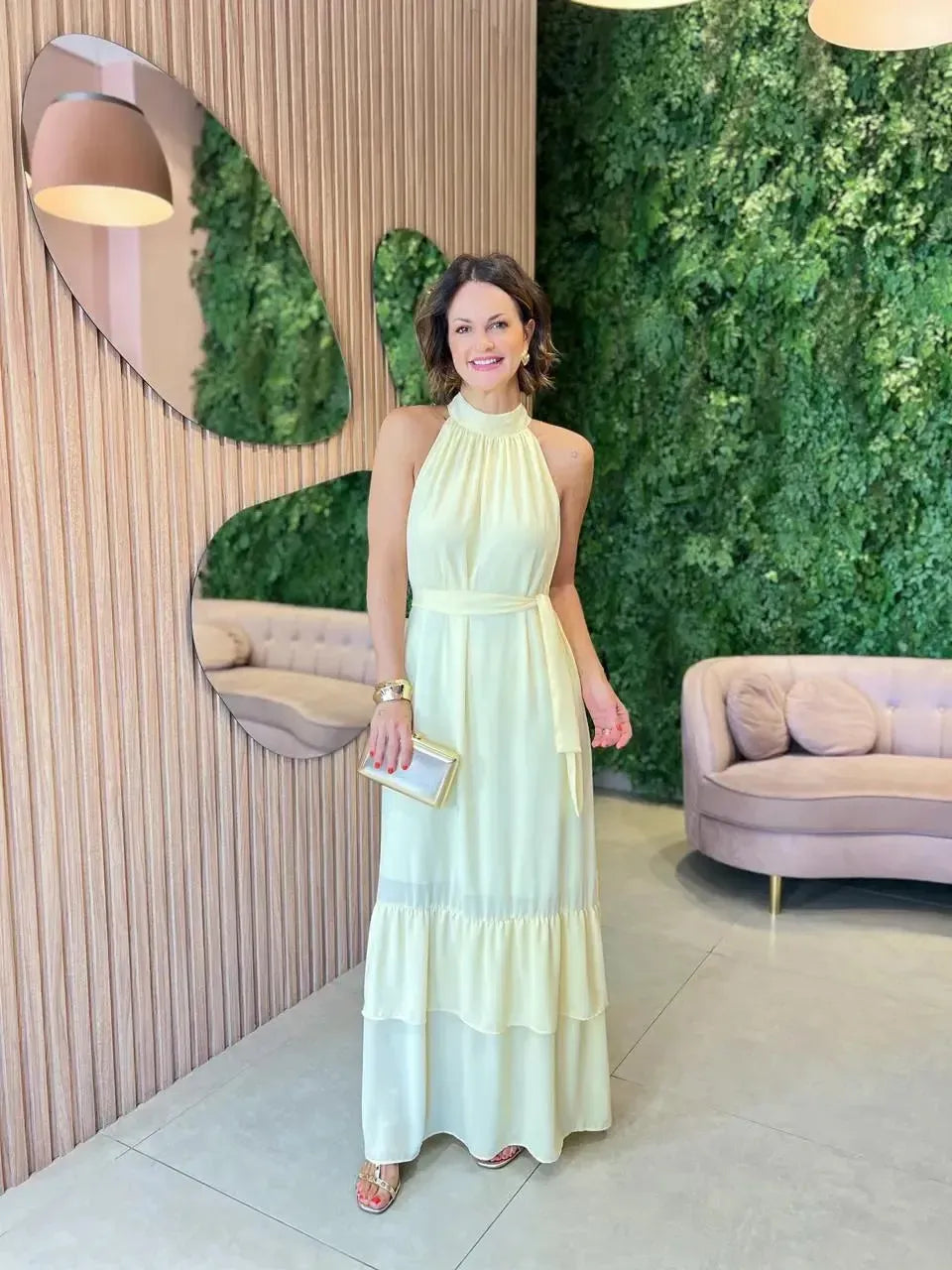 Vestido Longo em Crepe, Amarelo