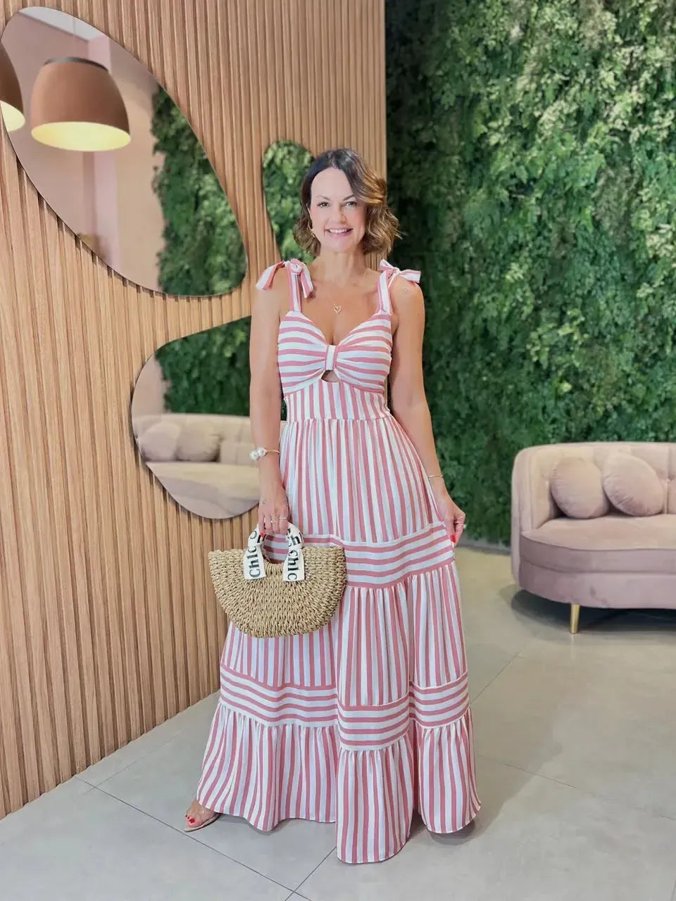 Vestido Longo em Crepe Listrado, Rosa