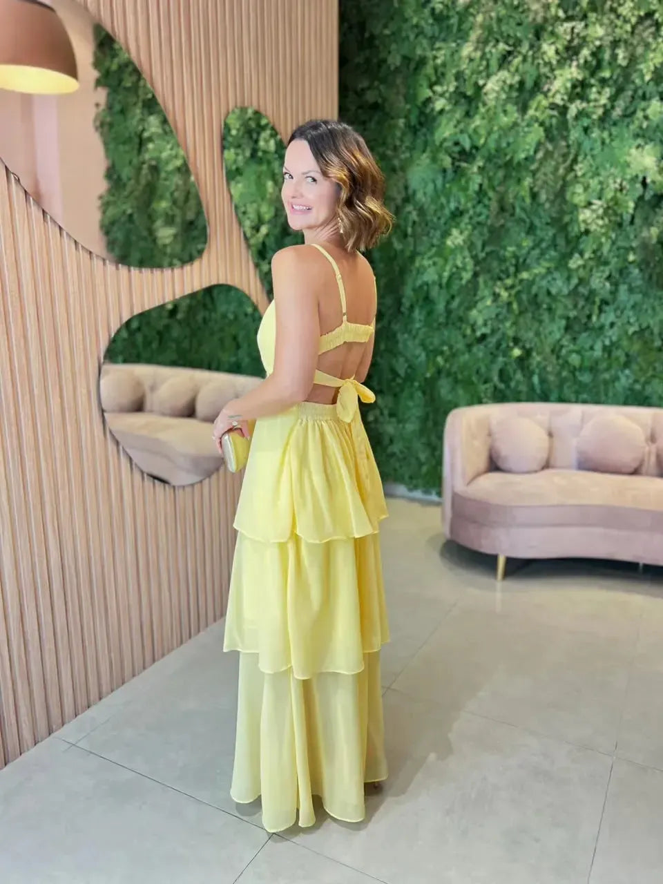 Vestido Longo em Crepe com Camadas, Amarelo