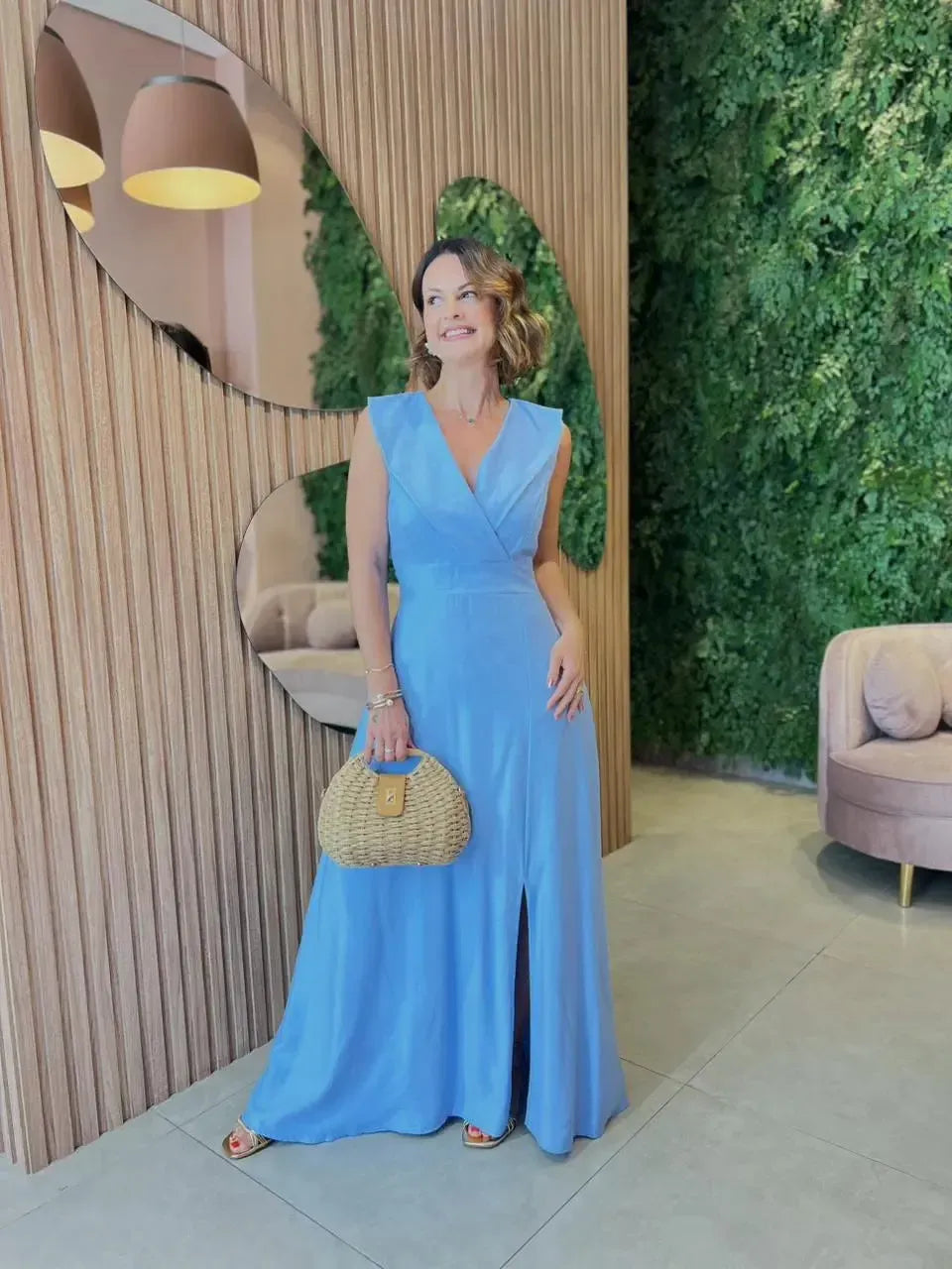 Vestido Longo em Tecido Marrante, Azul