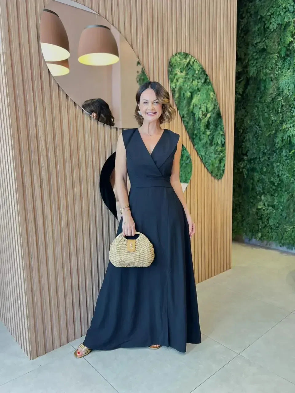 Vestido Longo em Tecido Marrante, Preto