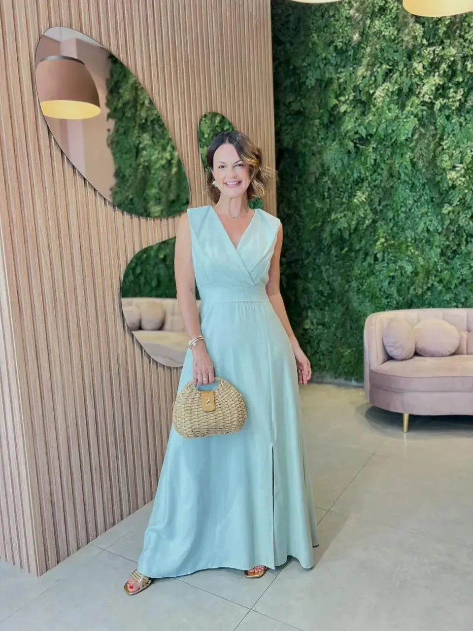 Vestido Longo em Tecido Marrante, Verde Água