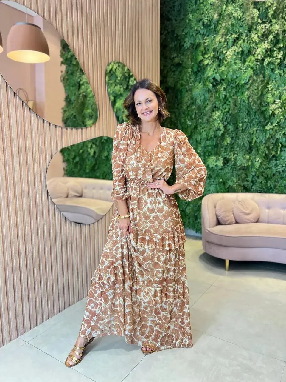Vestido Longo em Tule Estampado Marrom