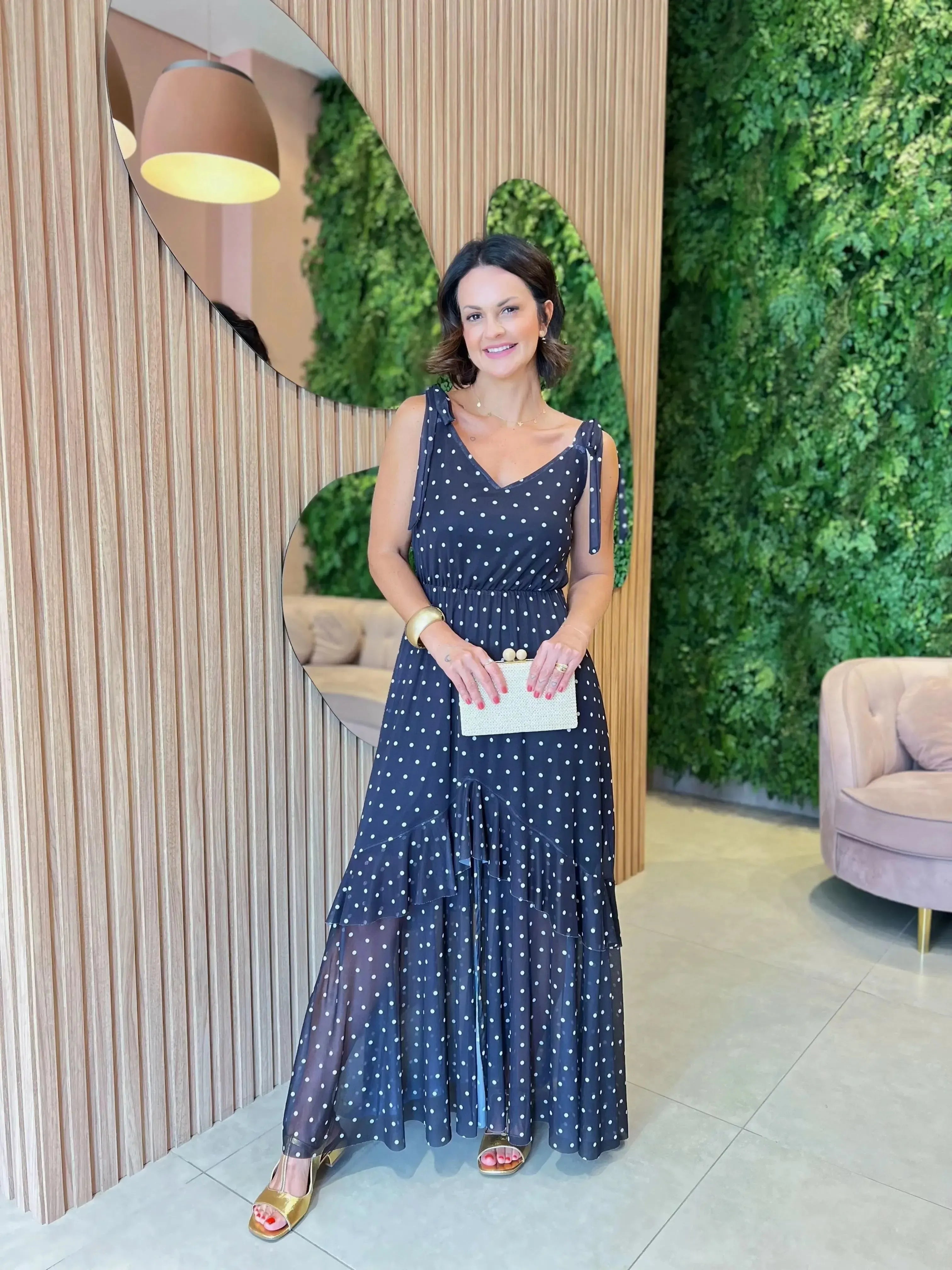 Vestido Longo em Tule Fenda Frontal, Mini Poá Preto