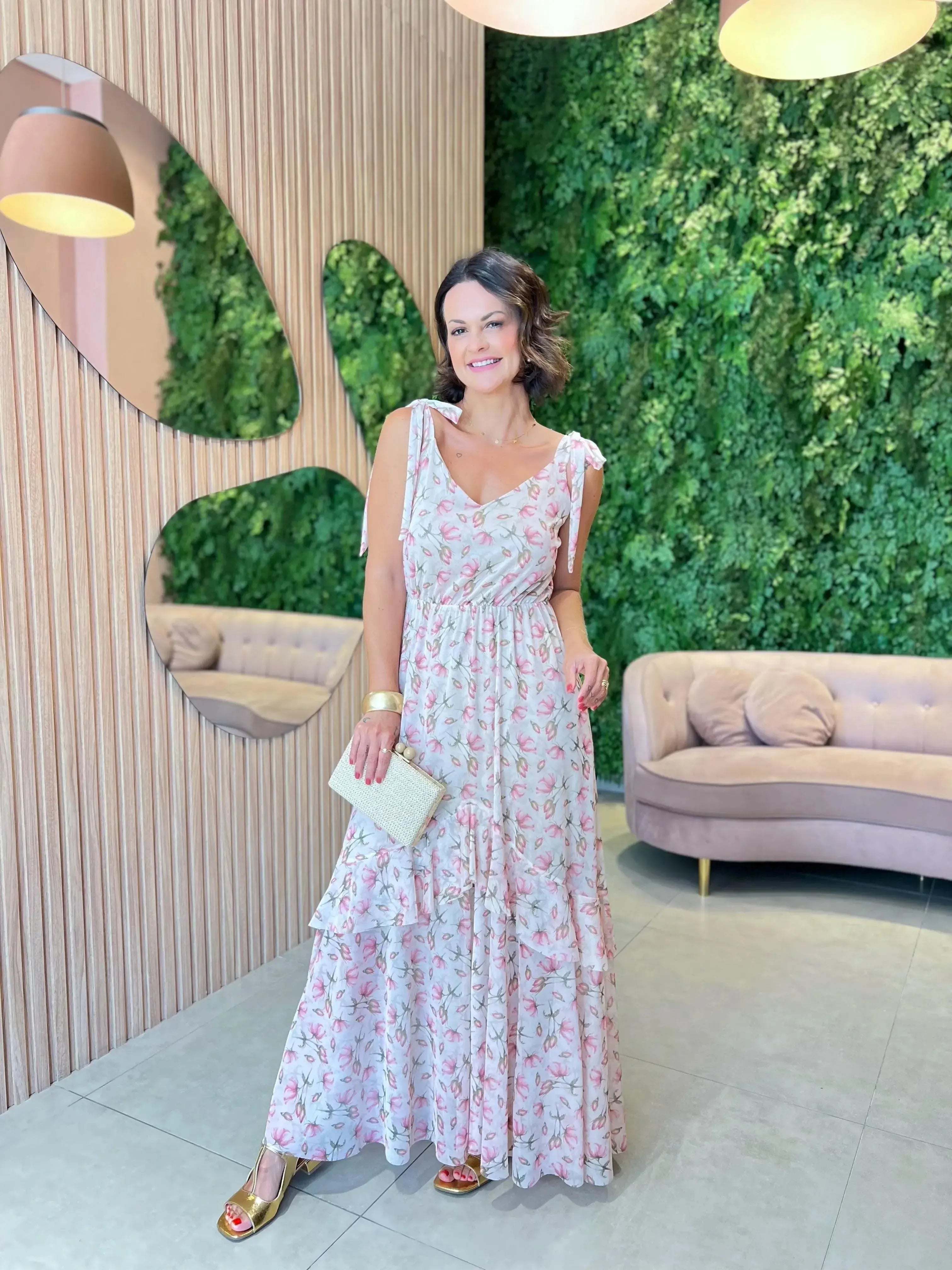 Vestido Longo em Tule Fenda Frontal, Rose Floral