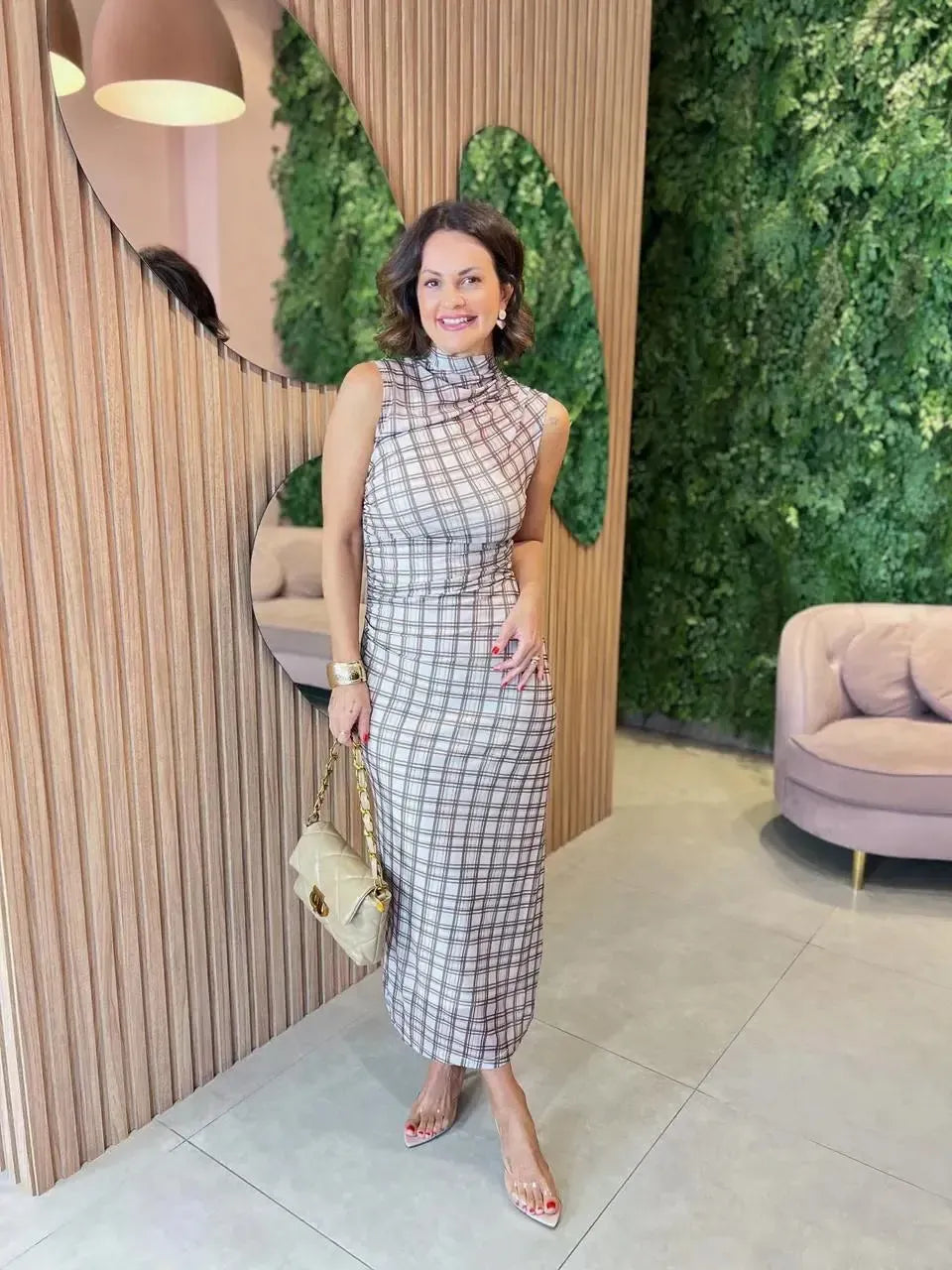 Vestido Longo em Tule Xadrez Creme