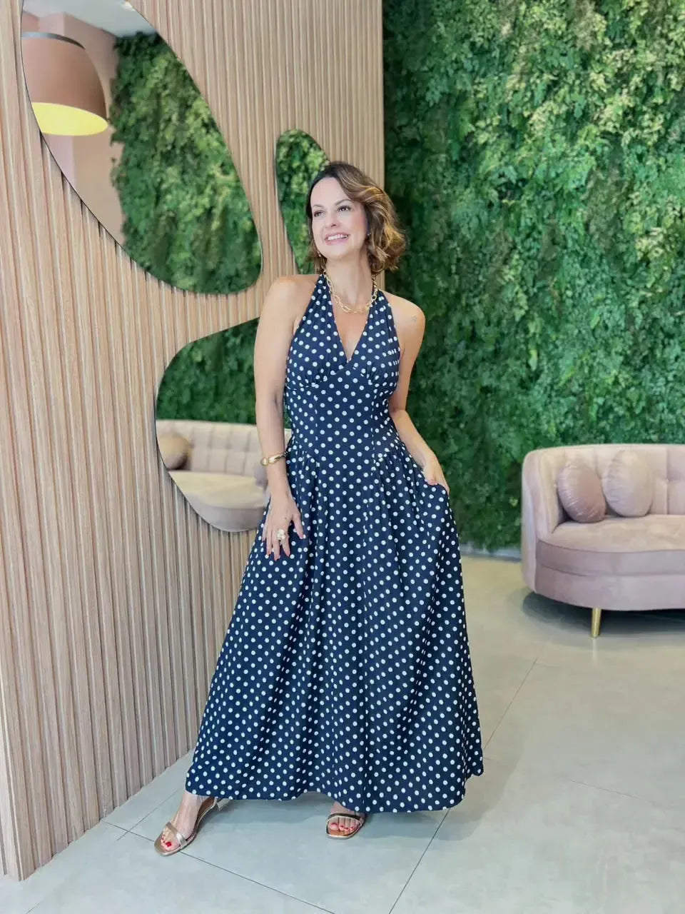 Vestido Longo em Viscose, Azul Marinho com Poa Off White