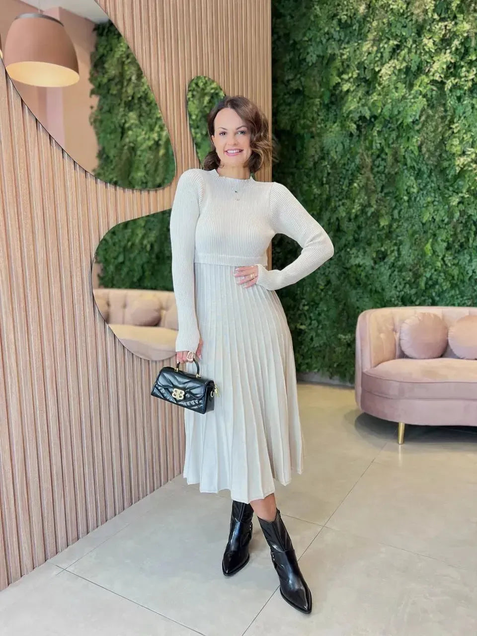 Vestido Manga Longa em Tricô, Areia