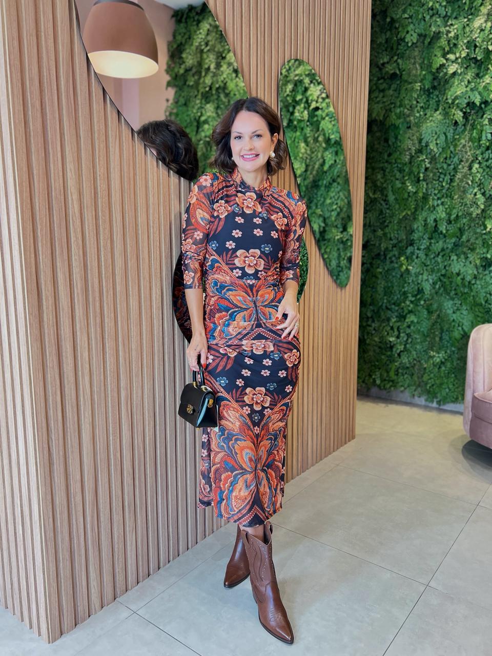Vestido Manga Longa em Tule, Estampa Borboleta