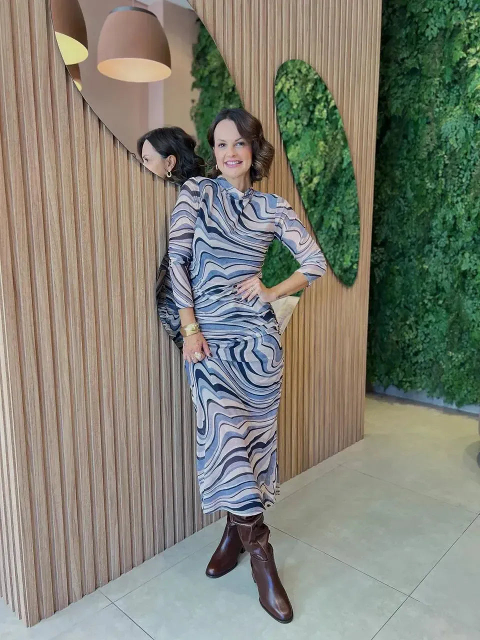 Vestido Manga Longa em Tule, Estampado Azul