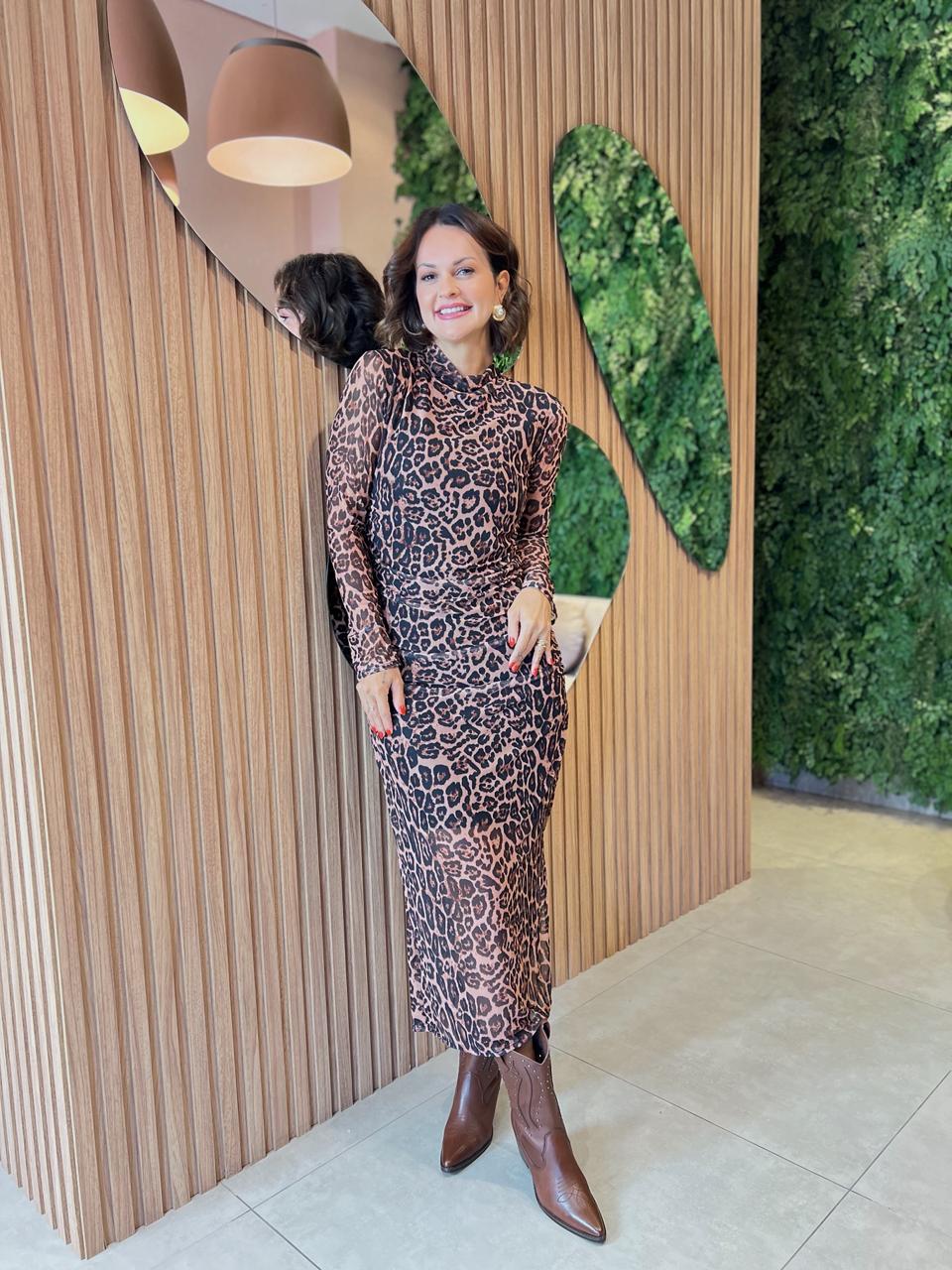Vestido Manga Longa em Tule, Onça