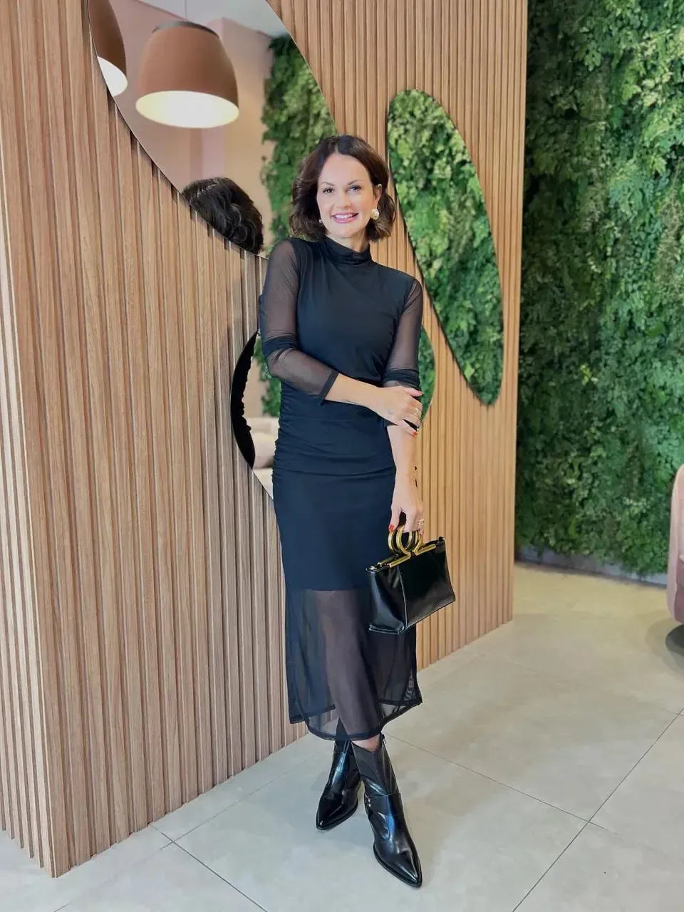 Vestido Manga Longa em Tule, Preto