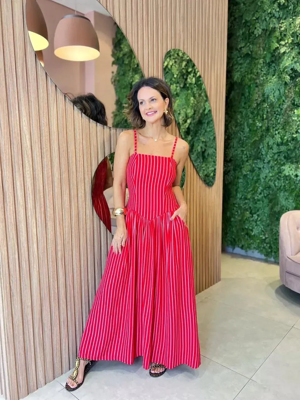 Vestido Midi Cintura Baixa, Vermelho com listra off