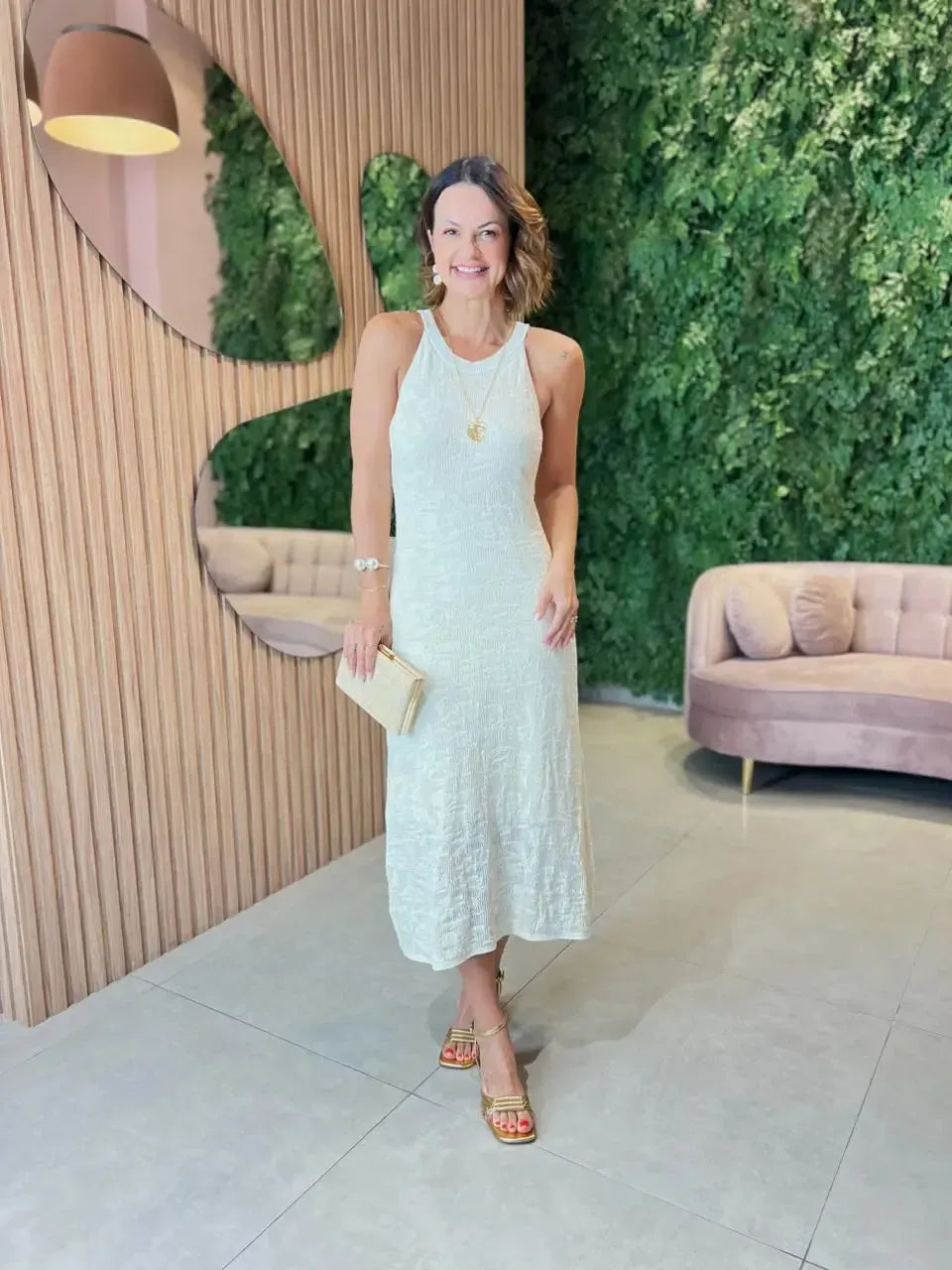 Vestido Midi Decote Alto em Tricô, Off White