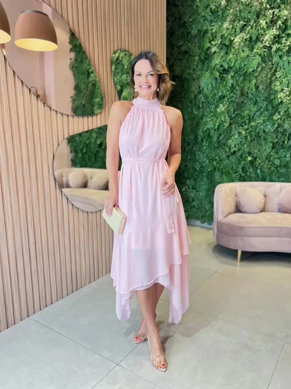 Vestido Mídi Em Crepe Assimétrico, Rosa