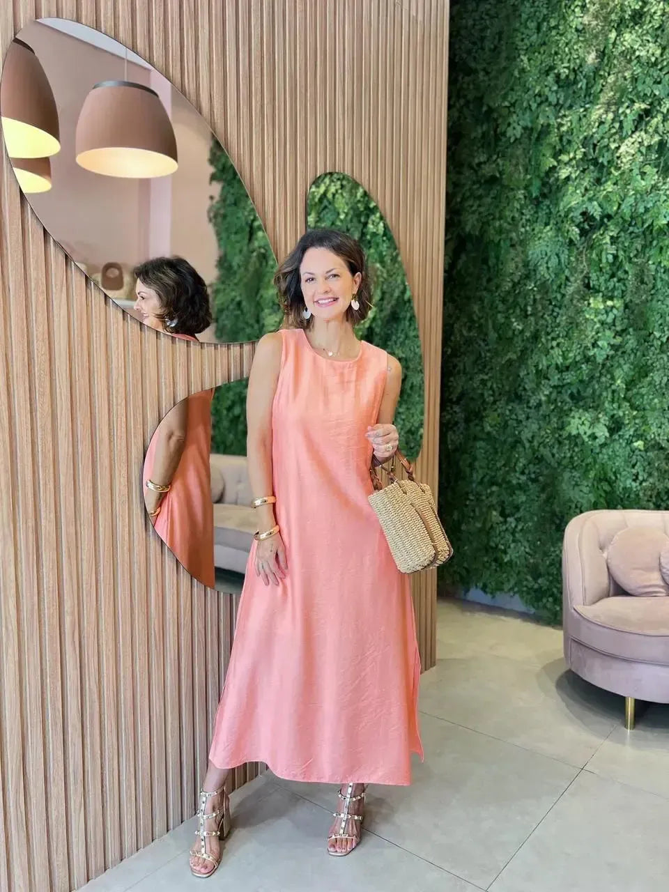 Vestido Midi Regata com Bolso, Salmão