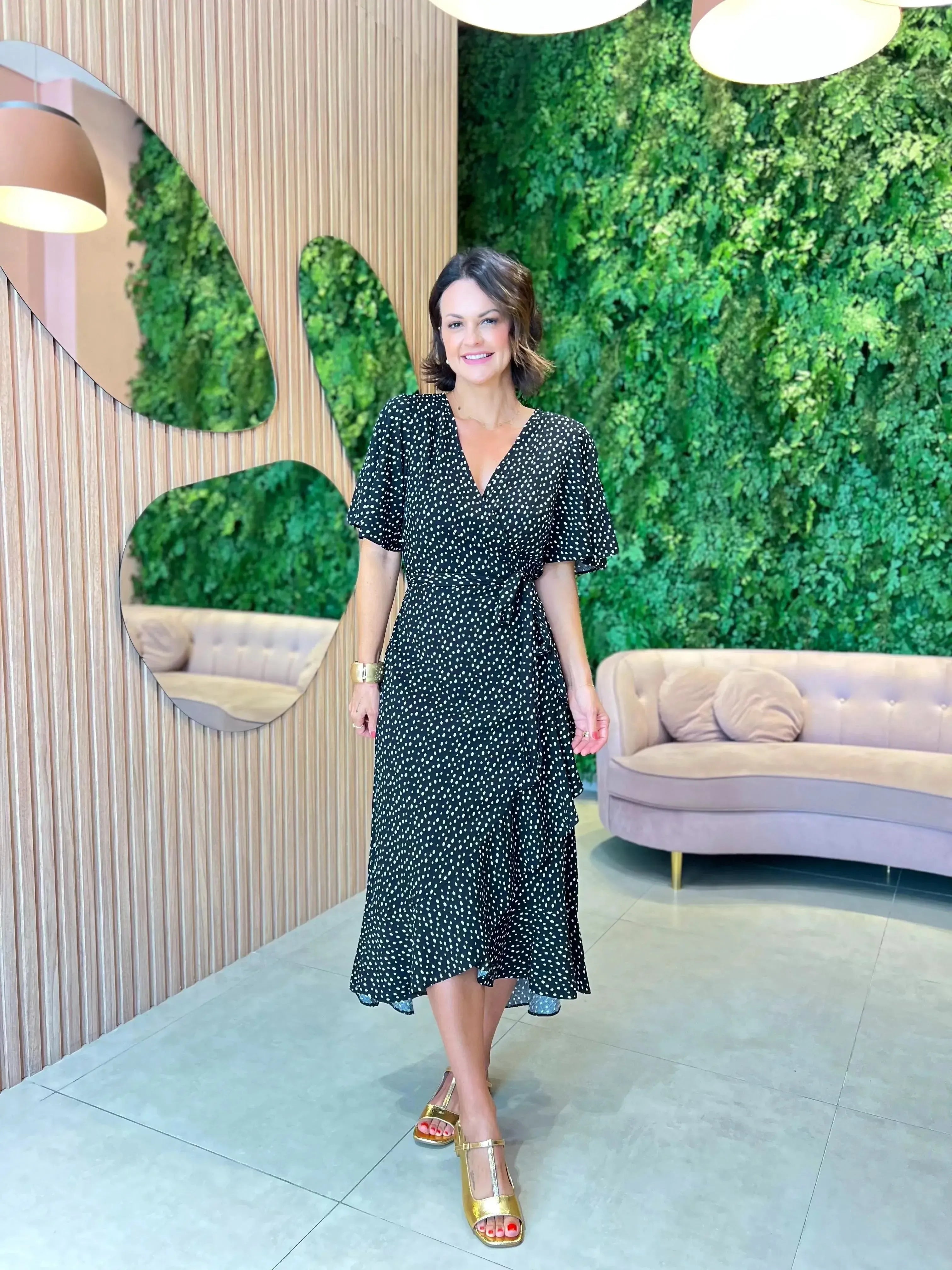 Vestido Midi Transpassado, Mini Poá Preto