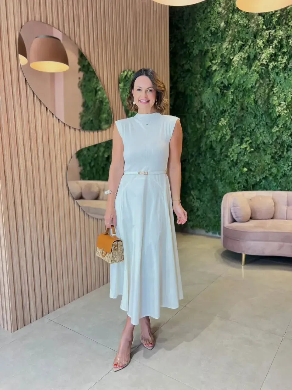 Vestido Midi com Busto Canelado e Saia em Tricoline, Branco
