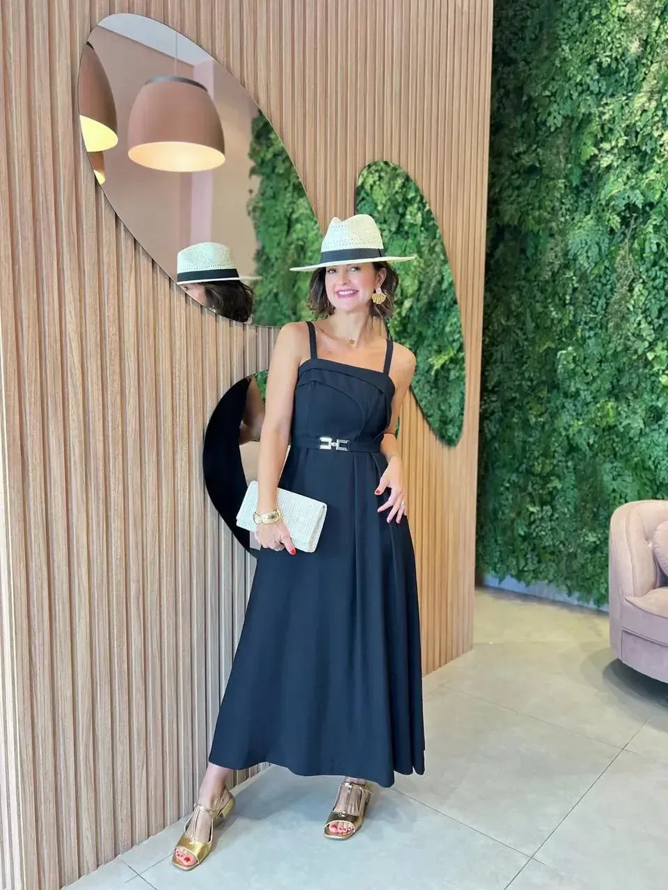 Vestido Midi com Cinto, Preto
