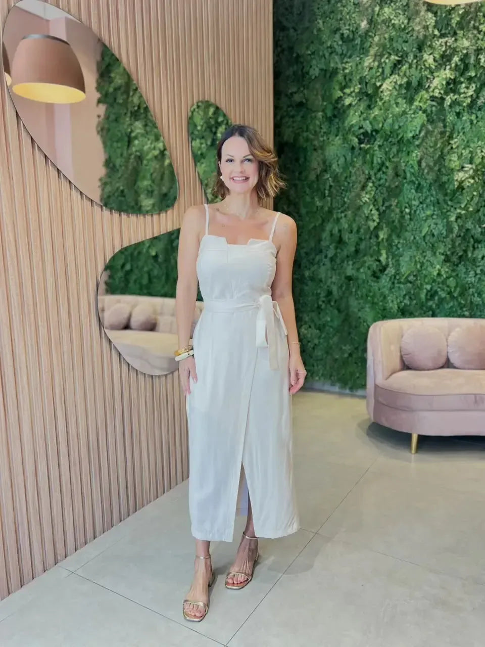 Vestido Midi com Fenda, Cru