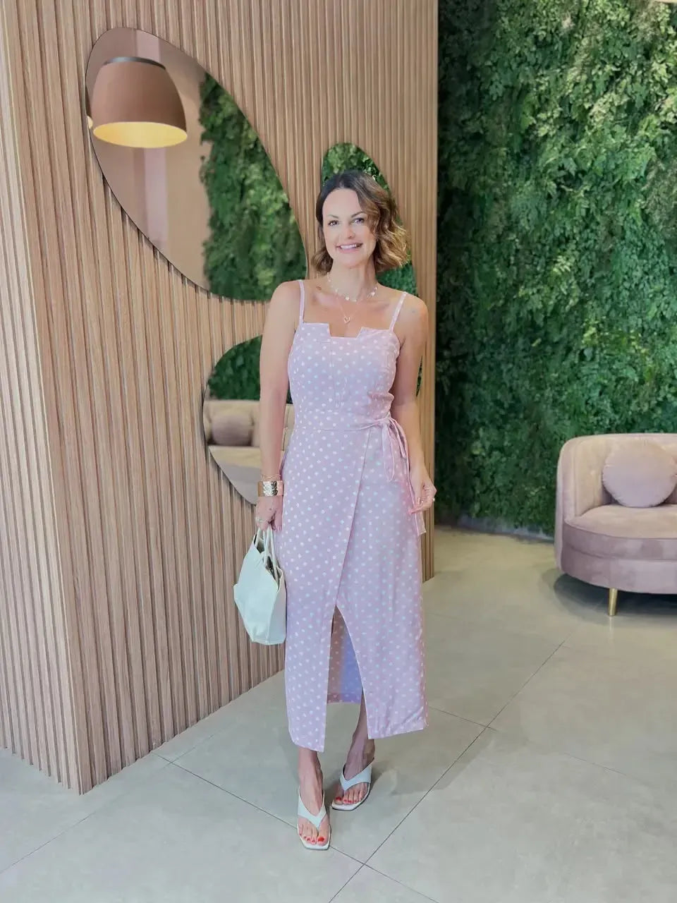 Vestido Midi com Fenda, Rosa com Poá