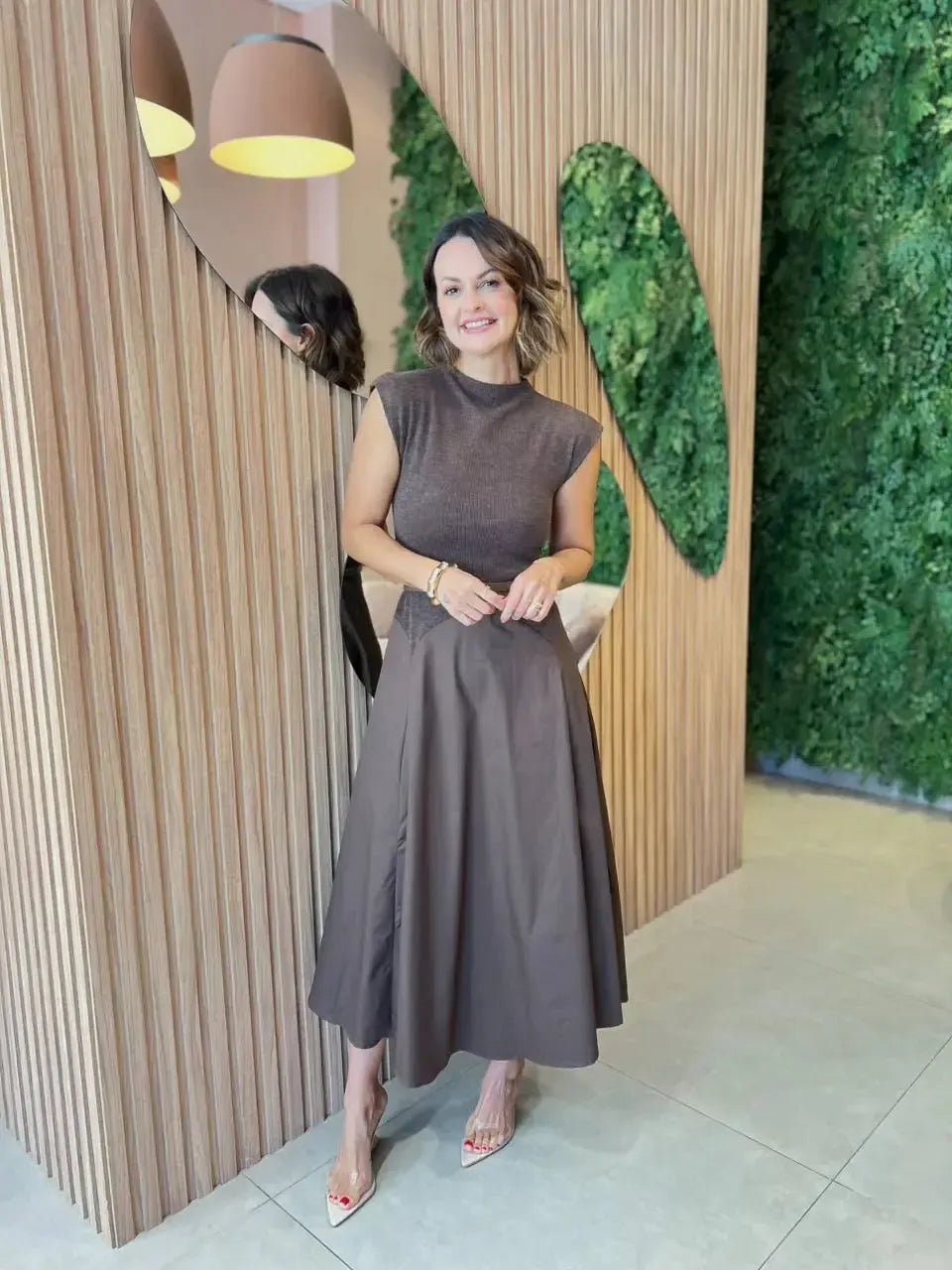 Vestido Mídi em Algodão com Detalhe em Malha no Busto, Marrom