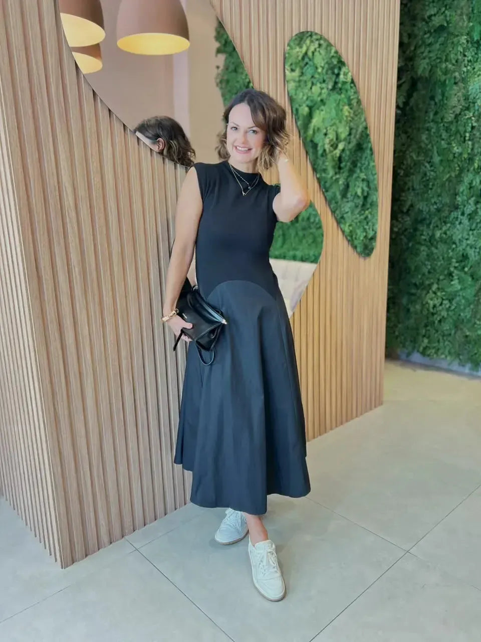 Vestido Mídi em Algodão com Detalhe em Malha no Busto, Preto
