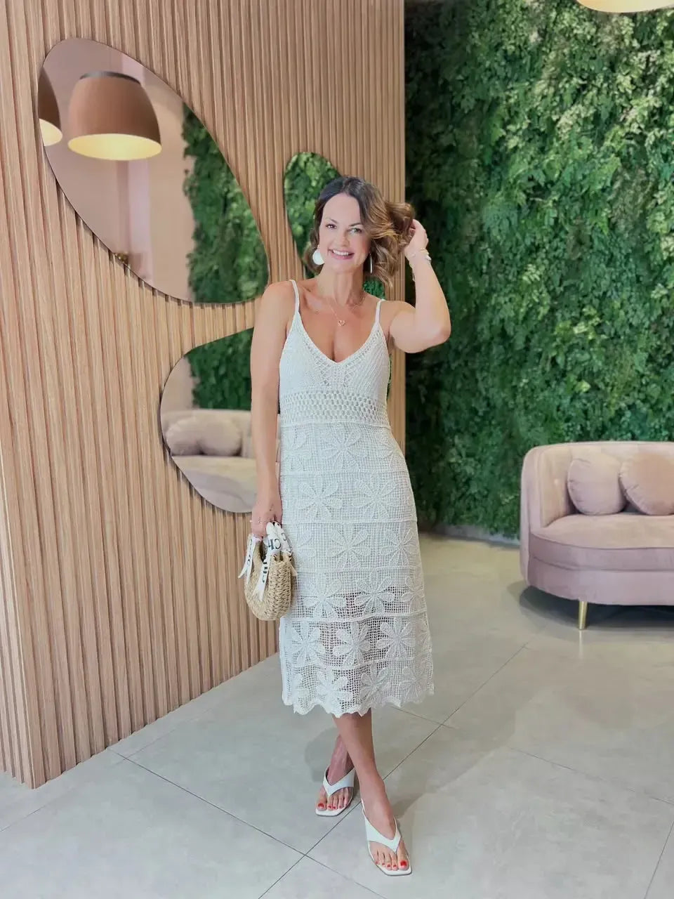Vestido Midi em Crochê, Cru