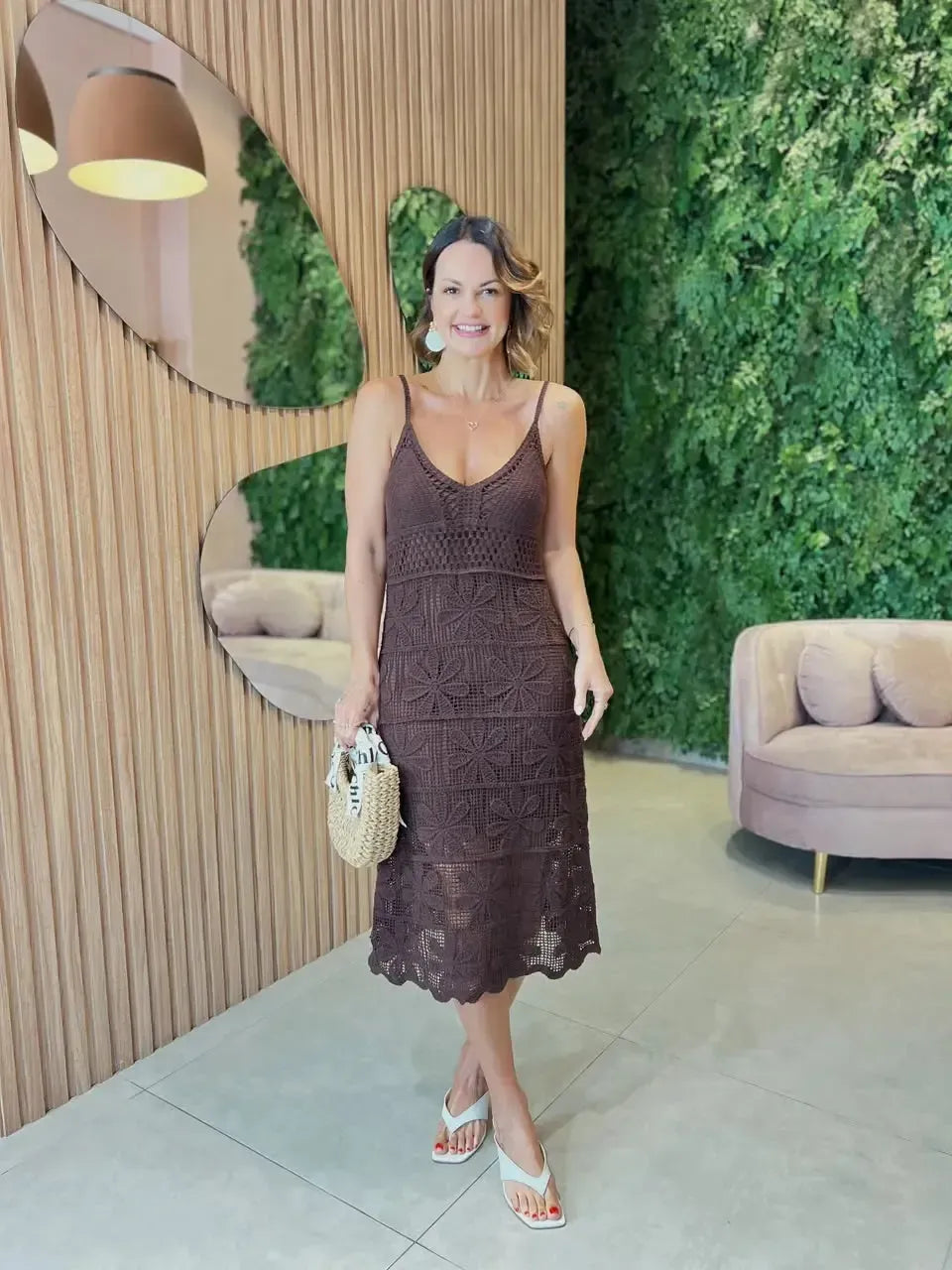 Vestido Midi em Crochê, Marrom